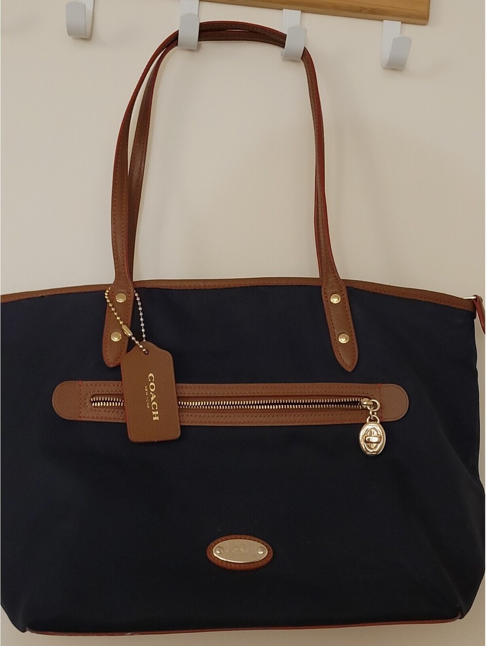 Coach Sawyer Navy Nylon Tote Bag Brown Trim Gold-tone Hardware Classic Carryall